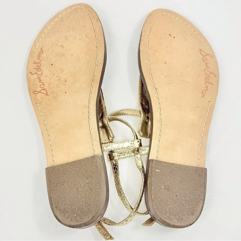 Sam Edelman GIGI Gold Metallic Reptile Embossed Leather T Strap Thong Sandals